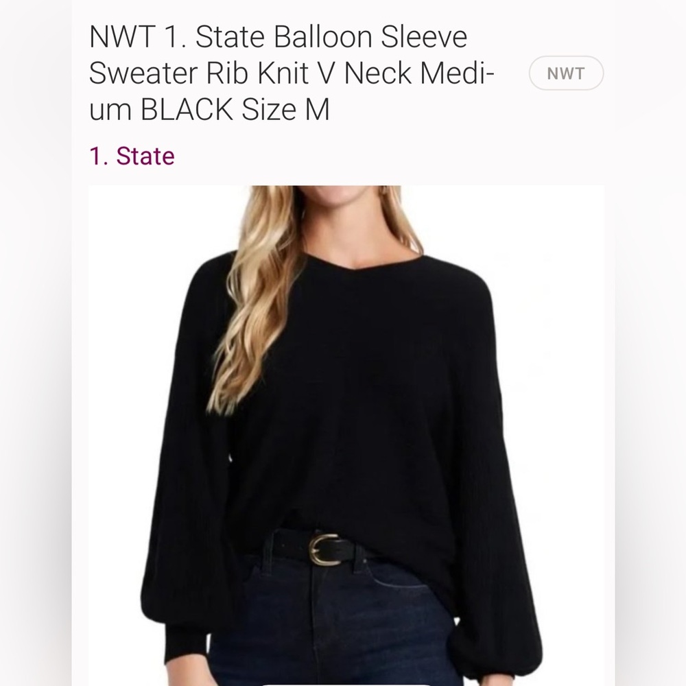 Womens Rib-Knit Puff-Sleeve pullover Sweater- Black